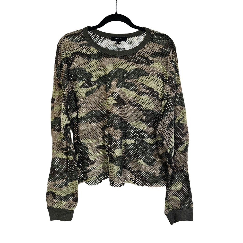 Forever 21 Green Camo Mesh Long Sleeve Top 3X Plus Size Streetwear Grunge Gorp
